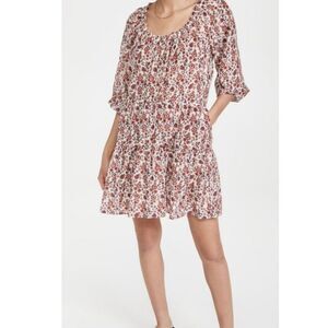 XIRENA Dalyn Cotton Silk Red Floral Long Ballon Sleeve Tiered Mini Dress XS